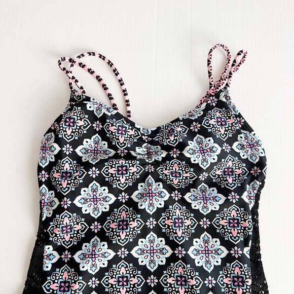[Hula Honey] Black Gypsy Deco Lace Geometric Print One Piece Swimsuit Sz Small S - Picture 3 of 11